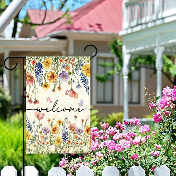Welcome Flags for Outside,Floral Garden Flag for Yard Patio Lawn Decoration,12x18 Inch Double Sided