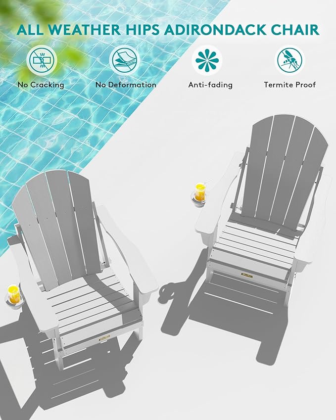 SERWALL Foldable Adirondack Chair Set of 2, Weather Resistant for Patio Chairs with Cup Holder Patio Garden Outdoors Fire Pit-Space Grey