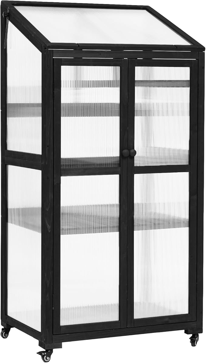 Merax Mini Greenhouse Indoor Outdoor, Portable Warm House with Openable Roof Vent, Garden and Backyards Cold Frame Rack with Fir Wood Frame Winter-Proof for Plant Protection, Balck