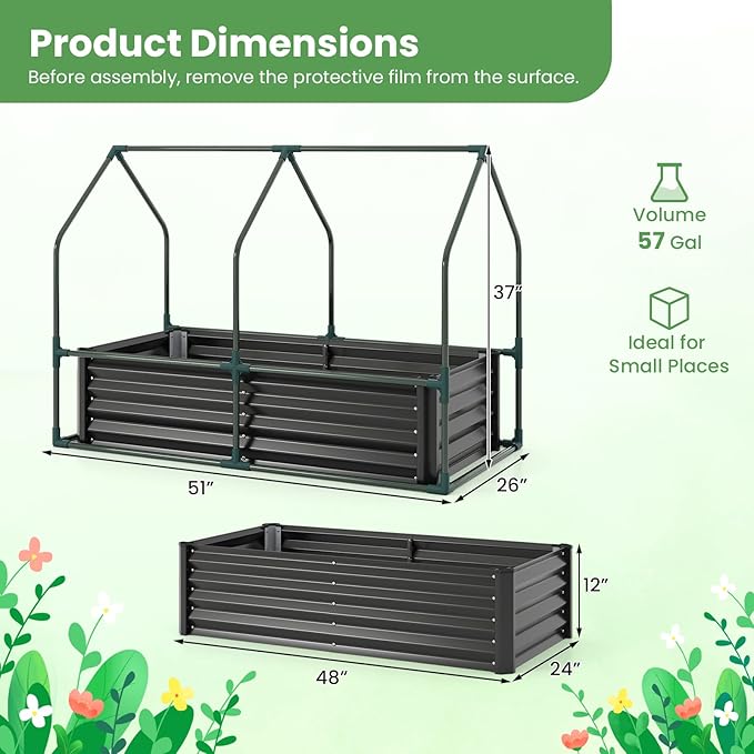 Giantex 4x2x3 FT Galvanized Raised Garden Bed with Greenhouse Cover, Outdoor Elevated Metal Planter Box w/Dual Roll-up Windows, Mini Greenhouse for Patio Balcony Vegetables Herbs Flowers (Black)