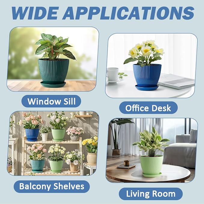 RooTrimmer 6 Inch Plant Pots, Plastic Flower Pots for Indoor Outdoor Plants, Planters with Drainage Holes and Tray Saucers, Cute Succulent Pots Durable and Light Weight (6 Pack)