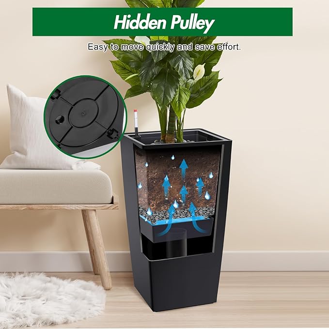 30 Inch Tall Self Watering Planters for Patio, Set of 2 Large Square PP Plastic Planters with Water Reservoir, Modern Floor Standing Self-Watering Pots for Indoor Outdoor Home Garden Decor, Black