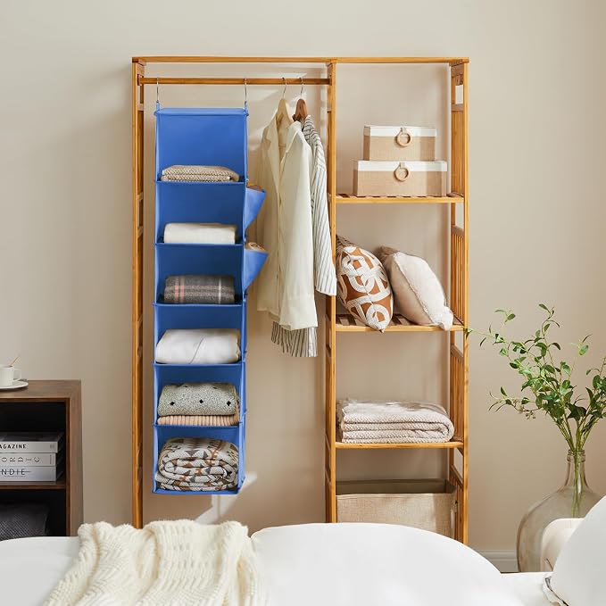 YOUDENOVA Hanging Closet Organizer and Storage, 6-Shelf, Blue | Breathable Fabric, Clothes Organizer with 2 Side Pockets, Hanging Shelves for Closet Storage, Dorm Room Essentials for Guys