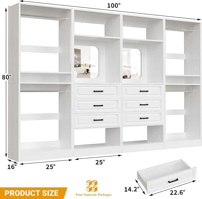 Unikito Closet System, 100" Closet Organizer with Drawers & Mirrors, White