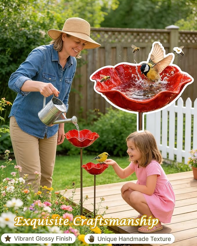 Metal Flower Garden Stakes Bird Bath Bowl, Handmade Resin Hummingbird Bath Cup, Pollinator Watering Station with Tall Fountain, Weather-Resistant Bee Butterfly Puddler Decor for Outdoor Lawn Yard (3)