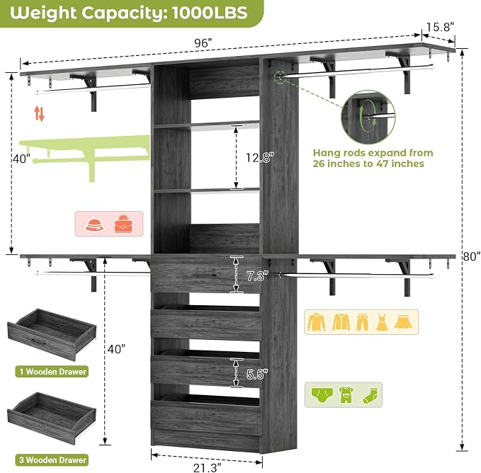 Aheaplus Closet System with 4 Drawers, 8FT Wood Closet Organizer System