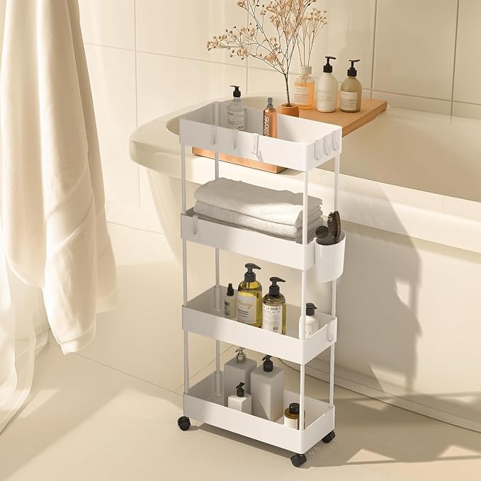 Pipishell 4 Tier Slim Storage Cart with Wheels, Laundry Cart, White