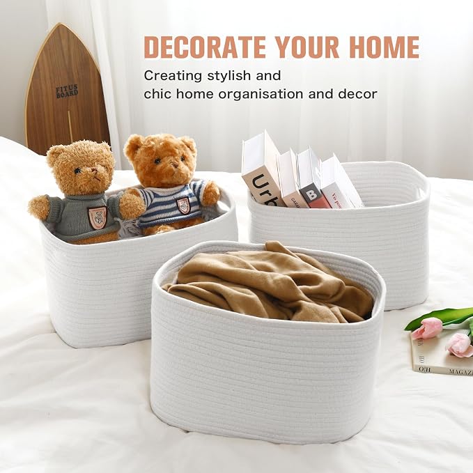 ECDYQXVU 15x10x9 Inch Woven Cotton Rope Storage Basket, 2 Pack | Foldable Design, Built-in Handles, Space-saving Organizer for Living Room, Bedroom, Laundry, Shelves, Clothes, Towels