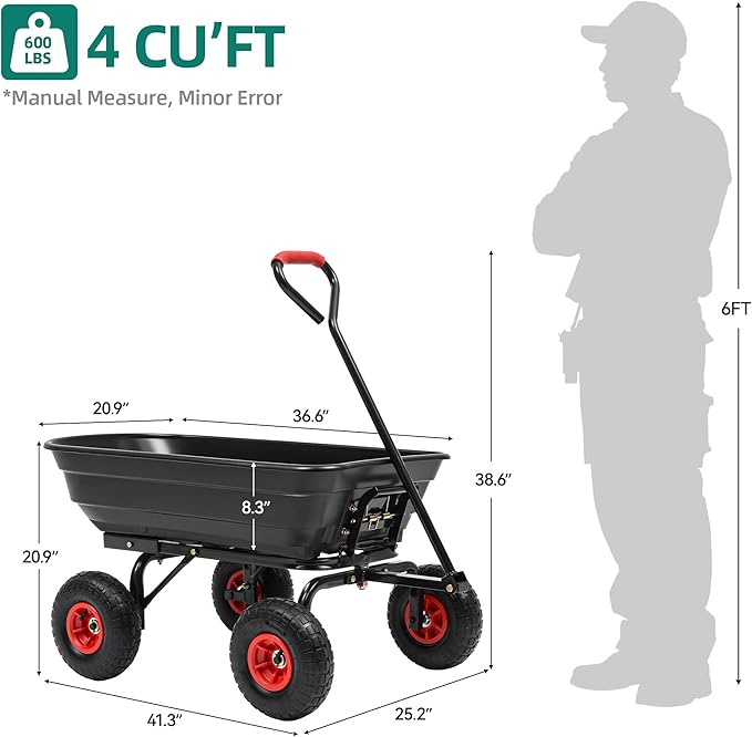 Autodaya 600lb Garden Dump Cart,4 Cu.Ft Utility Wagon Wheelbarrows with Quick-Release System&4 Pneumatic Tires,Heavy Duty Yard Dump Wagon with Steel Frame for Farm, Garden,Christmas Hauling(Black)