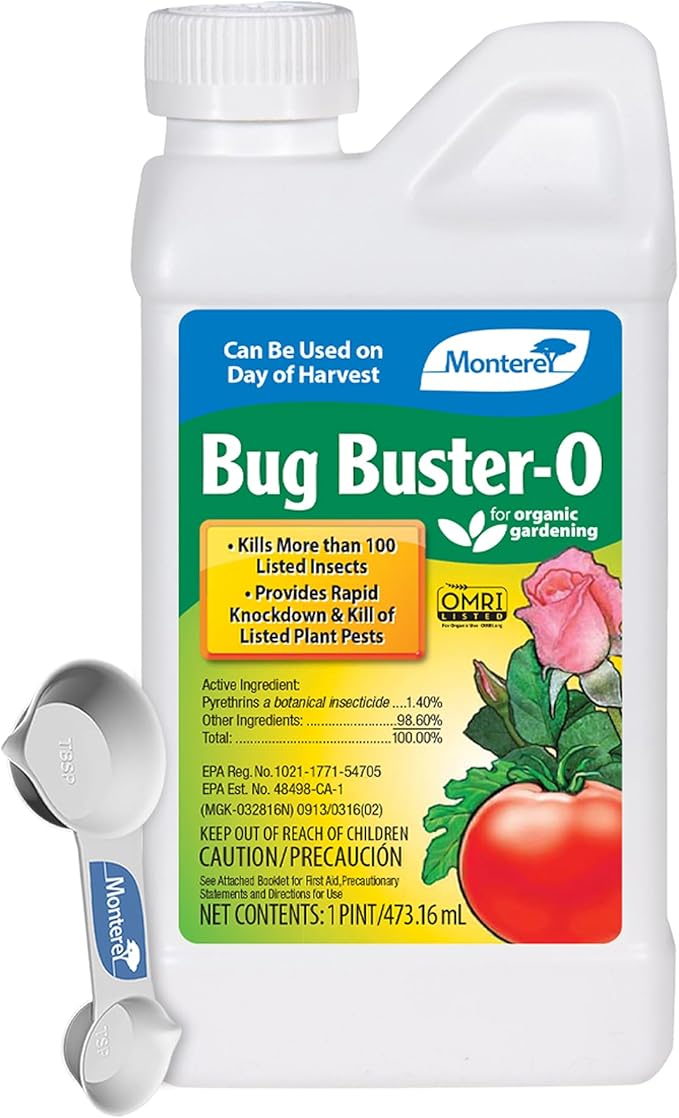 Monterey Bug Buster-O 16 oz – Rapid Knockdown & Kill of Over 100 Listed Plant Pests – Organic Garden Insect Control – Safe for Use on Day of Harvest –Bundled with Garden Measure Spoon