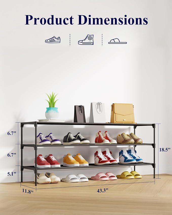Kitsure Shoe Rack - Non-Woven Shoe Rack Shelf, 43.3" Wide - 3 Tier, Black