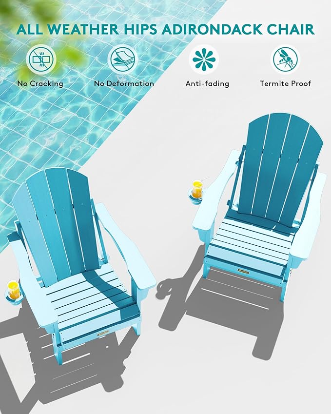 SERWALL Foldable Adirondack Chair Set of 4, Weather Resistant HIPS Patio Chairs with Cup Holder for Patio Garden Outdoors- Aruba Blue