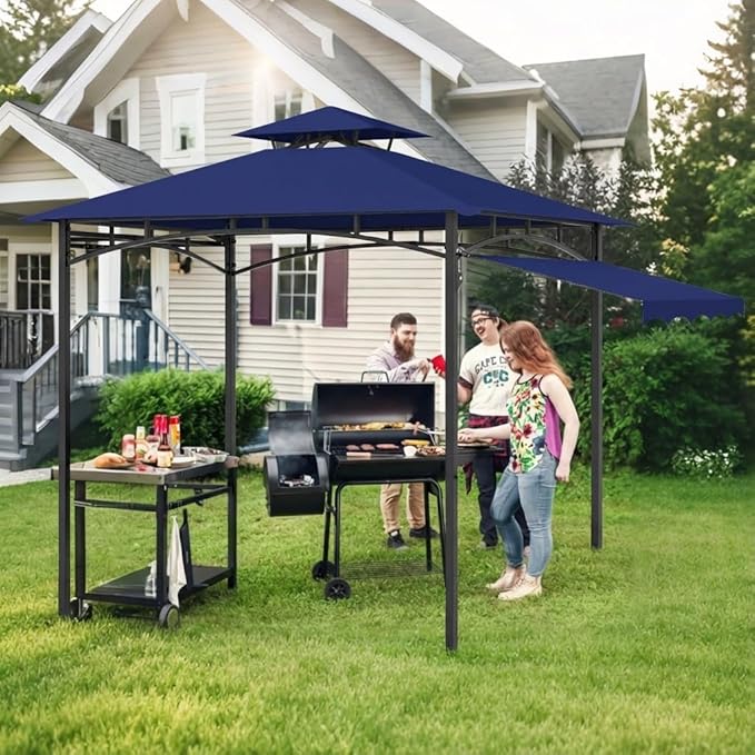 Grill Gazebo Replacement Canopy Top Only - 5' x 11' Outdoor BBQ Gazebo Canopy Roof with Extra Side Awning, Waterproof Double Tiered Shelter Cover (Blue, 5x11)