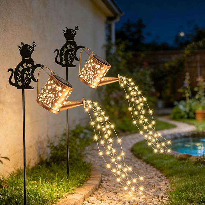 Solar Outdoor Garden Decorative, Watering Can with Light, Featuring Metal Cat Silhouette Garden Stake, Mother's Gift for Women, Waterproof Garden Decor (1 Pc Cat Watering Can Light)
