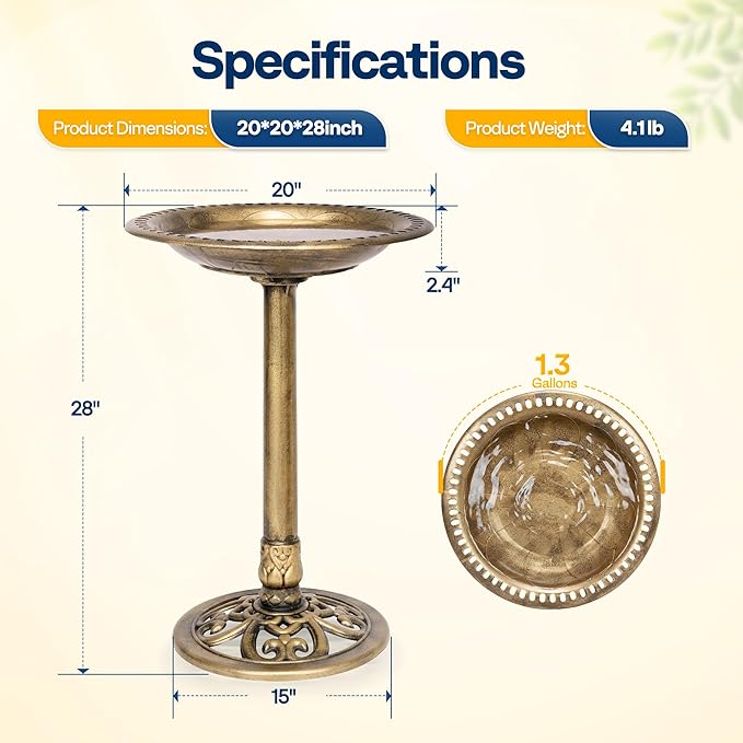 VIVOHOME Bird Bath for Outside, Polyresin Pedestal Bird Baths for Outdoor, Garden, 28 Inch Height Weather-Resistant Birdbaths with 20" Bowl, Copper