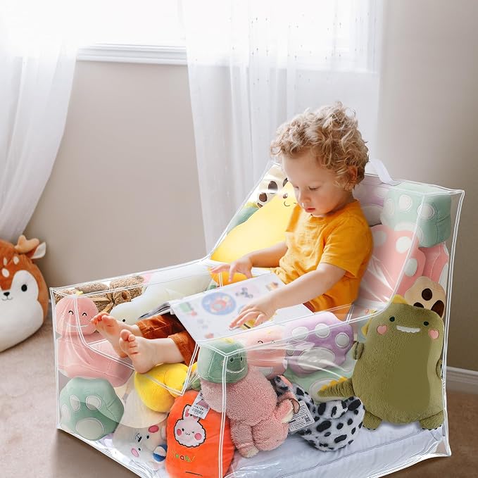 Teenyyou Stuffed Animal Storage Bean Bag Chair Sofa Cover Zipper Large Transparent PVC Stuffed Animal Organizer Bean Bag Seat Only for Organizing Rooms Plush Toys When Filled (Sofa Style,24.8 Inch)