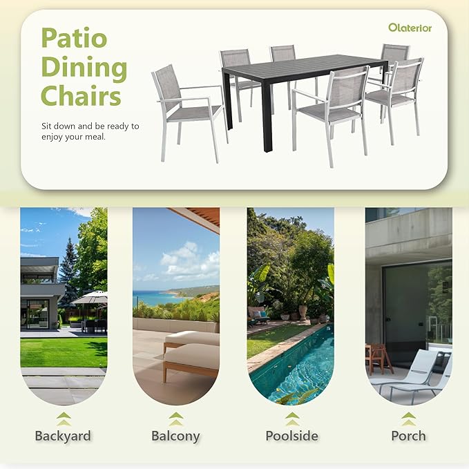 Patio Dining Chairs, All-Weather Textilene Outdoor Dining Chair Set of 4, Heavy-Duty Stackable Minimalist Outdoor Chairs with Armrest, Patio Chairs for Lawn Deck Pool, Grey and White