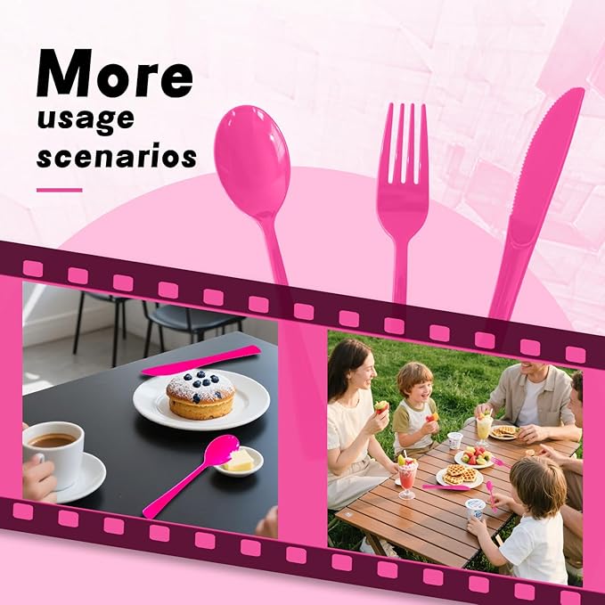Plastic Silverware 150 PCS Disposable Silverware Heavy Duty Utensil Sets 50 Of Each Forks Knives & Spoons Disposable Cutlery Set For Easter,Birthday,Baby Shower,Garden Party,Wedding(150,Hot Pink)