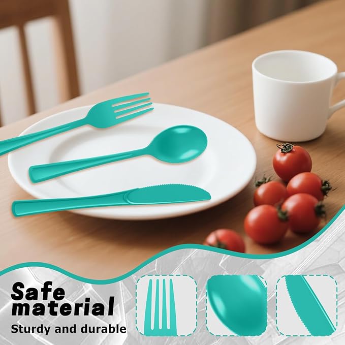 Plastic Silverware 300 PCS Disposable Silverware Heavy Duty Utensil Sets 100 Of Each Forks Knives & Spoons Disposable Cutlery Set For Easter,Birthday,Baby Shower,Garden Party,Wedding(300,Light Green)