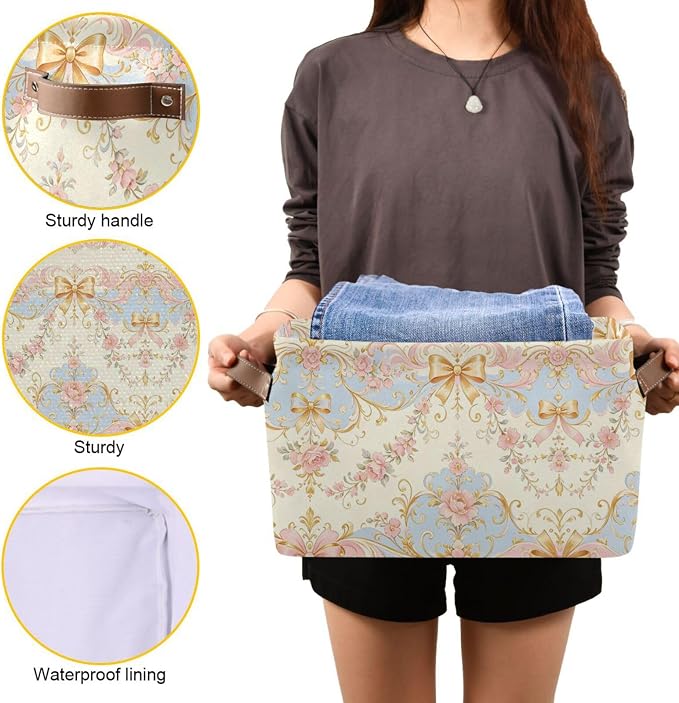 Baroque Floral Ribbon Damask Pattern Canvas Storage Basket Fabric Storage Bin Collapsible Canvas Basket Organizers and Storage Containers for Bedroom Nursery Toys Clothes