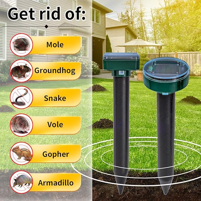 8 new Mole Repellent for lawns Gopher Repellent Ultrasonic Solar Powered Snake Repellent Deterrent Mole Repeller Vole Repellent Outdoor Lawns Garden Yard All Pests Sonic Spikes Stakes Chaser Upgrade