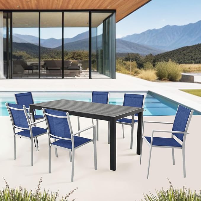 Patio Dining Chairs, All-Weather High-Resilience Textilene Outdoor Dining Chair Set of 2, Heavy-Duty Stackable Minimalist Outdoor Chairs with Armrest, Patio Chairs for Lawn Deck Pool, Blue and White