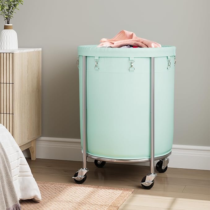 ELYKEN Laundry Basket with Wheels, Round Rolling Laundry Hamper, Mint Green
