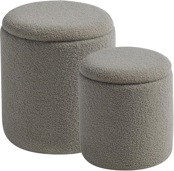 BLEXA Round Ottoman with Storage Set of 2 Gray Sherpa Vanity Stool | Multifunctional Ottomans Coffee Table Padded Seat Foot Rest for Living Room & Bedroom (Sherpa Gray)