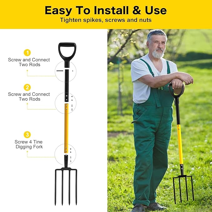 Pitch Fork, 4 Tine Heavy Duty Garden Fork with Ergonomic No-Slip D-Grip Handles, 45 Inches Long Handle Spading Fork, Perfect for Gardening Digging, Land Management, Yard work, Farming (Yellow)