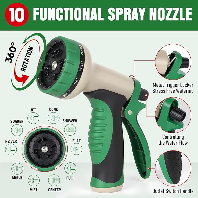 Heavy Duty Garden Hose 75 ft, NON-EXPANDABLE Water Hose with 10 Function Spray Nozzle, Lightweight Kink-less Hybrid Hose with Swivel Handle, Male to Female Fittings
