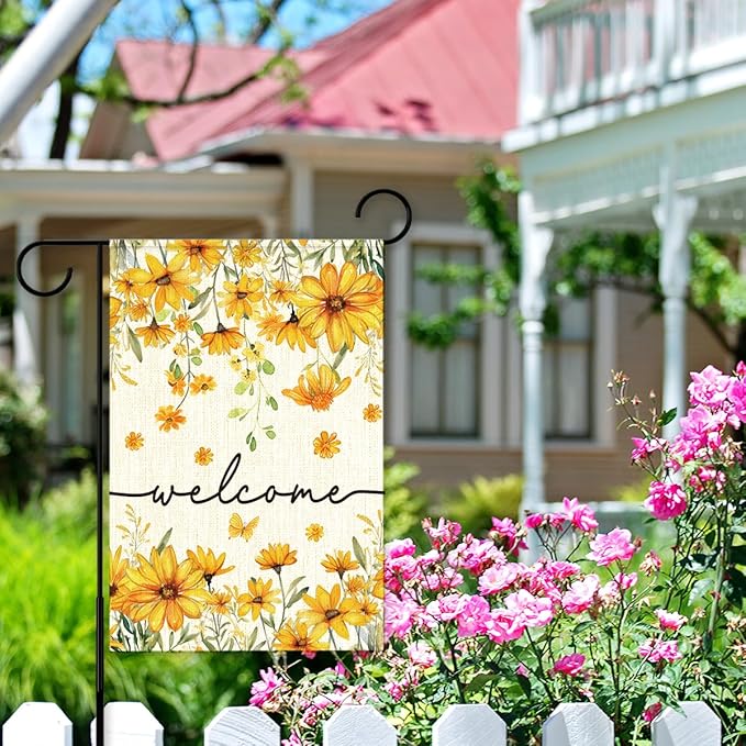 Welcome Flags for Outside,Spring Yellow Daisy Garden Flag for Yard Patio Lawn Decoration,12x18 Inch Double Sided