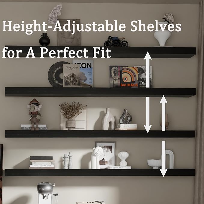 60 Inch Floating Shelves for Wall, Set of 4 | Wood Wall Mounted Shelves with Invisible Brackets, Rustic Farmhouse Long Shelf for Bedroom Living Room Kitchen (Black)