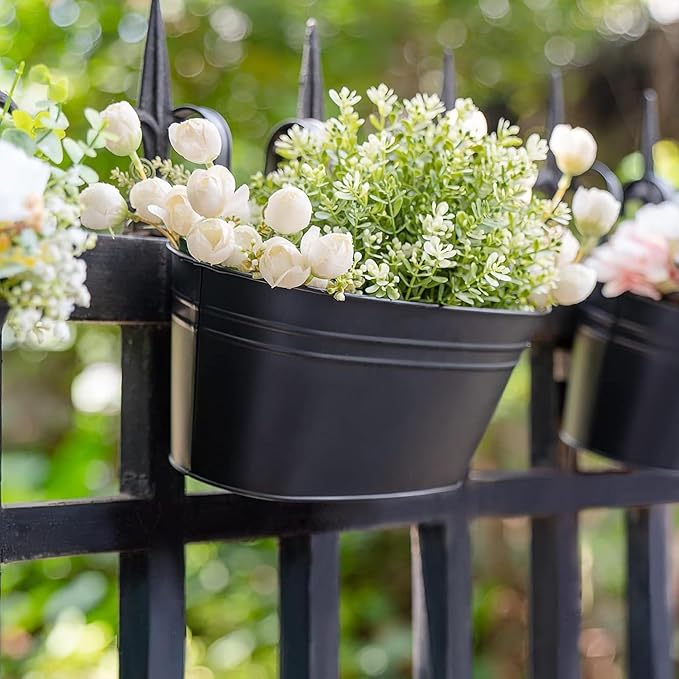 10.6" Oval Iron Hanging Flower Pots - Rust-Resistant Metal Planters with Detachable Hooks for Garden, Yard & Home Decor (Black,3 PCS)