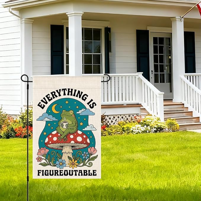 RZHV Everything is Figureoutable Double-Sided Summer Garden Flag for Outdoor House Yard Sign Garden Decor Parade, Mushrooms Frog Vertical Yard Sign, Housewarming Gifts for Frog Lover Friends Neighbor