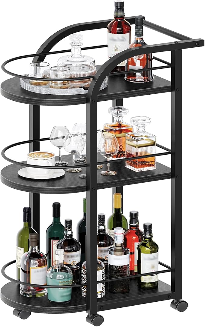 YATINEY 3-Tier Bar Cart, Home Bar Serving Cart with Fence and Wheels, for Dining Room, Living Room, Garden, Party, Black BC06BB