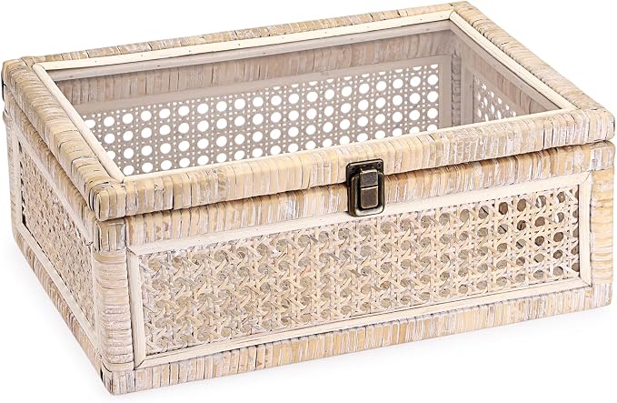 Hipiwe Handwoven Rattan Basket with Lid Decorative Storage Boxes, Large | Vintage Wood and Cane Display Box with Metal Latch Lock, Shelf Basket Box for Home Decor