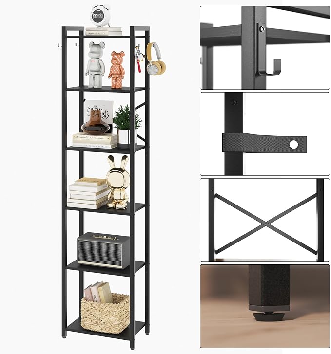 YMYNY Bookshelf, 6-Tier Ladder Shelf Organizer, Narrow Shelving Unit, Corner Storage Racks, Large Capacity Bookcase, for Home Office Living Room Balcony Bathroom, Metal Frame,HBC001B