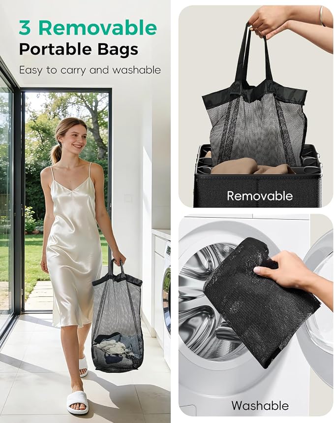185L Laundry Hamper 3 Section with Lid & Removable Bags | Collapsible laundry basket organizer for laundry room, bedroom & dorm with 3 removable washing bags