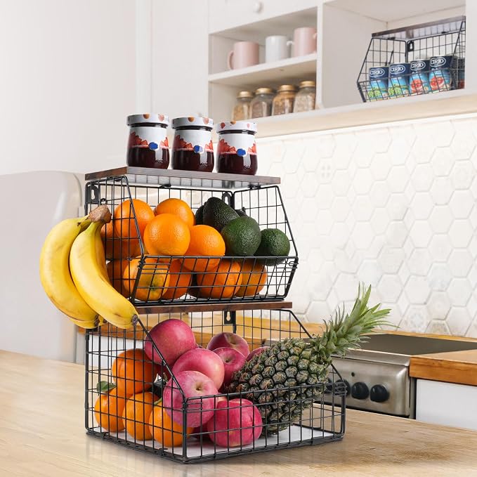 Mefirt Fruit Basket, Stackable Wall Mounted Fruit Baskets, Potato Baskets Onion Storage for Kitchen, Hanging Wire Basket with Wood Lid, 2-Tier Vegetable Organizer Kitchen Countertop Organization | Hanging Potato Basket Wire Basket with Wood Lid, 2-Tier...
