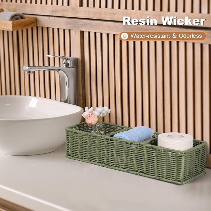 Bathroom Wicker Storage Basket: Waterproof Resin 3-Section Organizer Above Toilet Space Efficient Design for Small Homes Stress Relief Sage Green 1pack