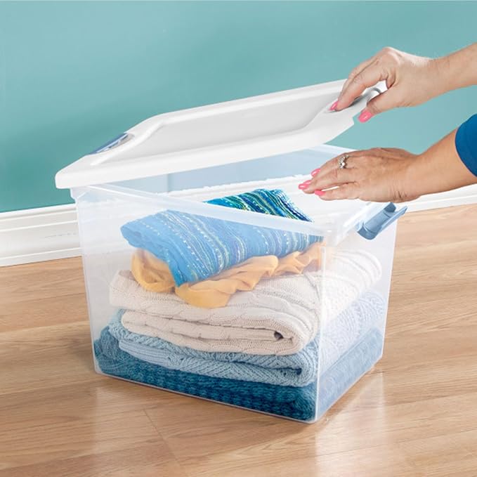 Sterilite 25 Qt Latching Storage Box, Stackable Bin with Latch Lid, Plastic Container to Organize Closet Shelf, Clear with White Lid, 12-Pack | Heavy-Duty and Stackable Plastic Containers with Latches for Closet, Cabinet, Bedroom, Bathroom and Dorm Roo...