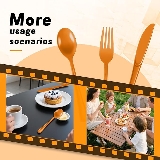 Plastic Silverware 300 PCS Disposable Silverware Heavy Duty Utensil Sets 100 Of Each Forks Knives & Spoons Disposable Cutlery Set For Easter,Birthday,Baby Shower,Garden Party,Wedding(300,Orange)