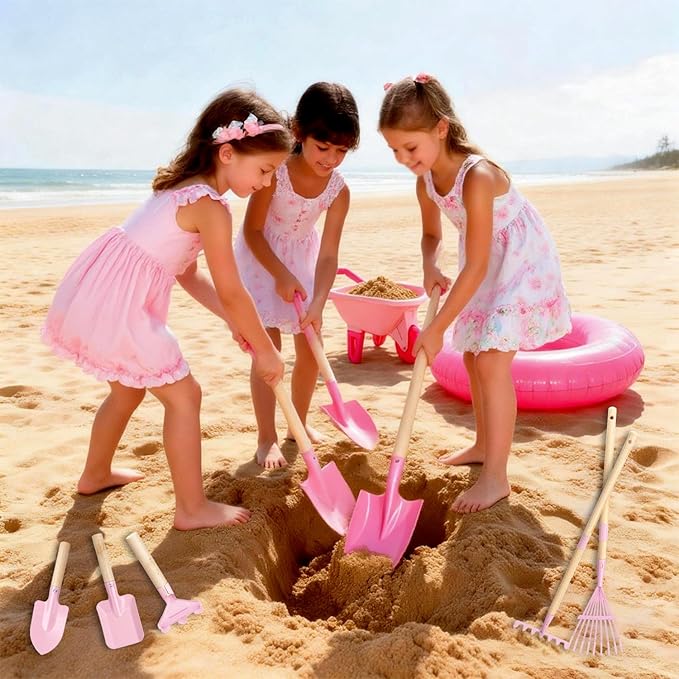 Kids Gardening Tools Set with Wheelbarrow, Wooden & Metal Outdoor Gardening Toys for Summer Outdoor Yard Digging & Weeding, Easter Birthday Gifts for Boys Girls Age 3+ Years (Pink)