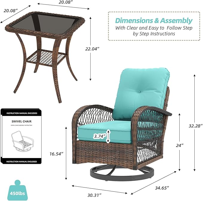 MELLCOM 3 Pieces Patio Furniture Set, Outdoor Swivel Rocker Patio Chairs, Wicker Patio Bistro Set with Rocking Chair, Thickened Cushions and Glass Coffee Table for Backyard, Garden, Blue