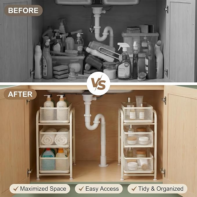 PureBox 3 Tier Under Sink Organizer, Pull Out Cabinet Storage Organizer with Sliding Mesh Drawers, Heavy Duty Metal Under Sink Storage for Kitchen, Bathroom, Cabinet, Small Space, White, 1 Pack