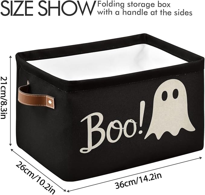 Wamika Halloween Ghost Boo Storage Basket with Waterproof Liner and PU Handles Spooky Bat Skull Storage Bins Boxes 14.2" Collapsible Decorative Organizer Baskets for Bedroom Closet Office 2 Pack