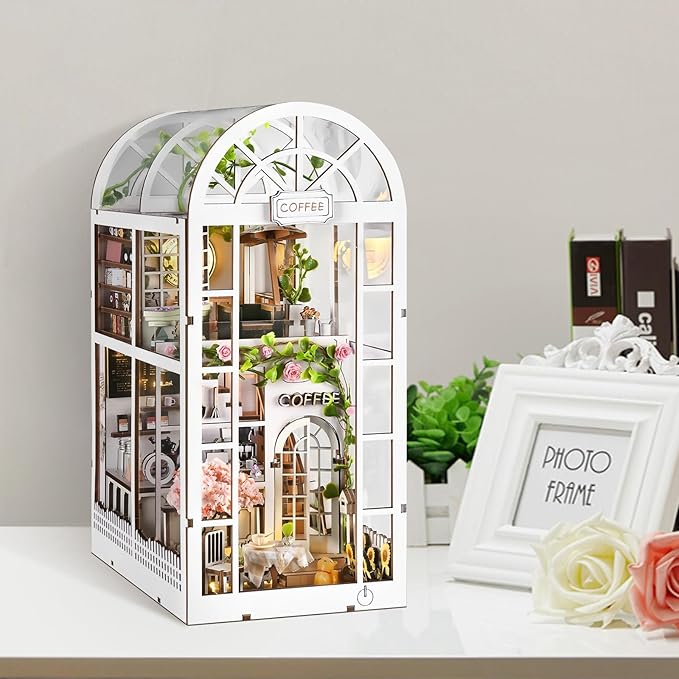 Green House Book Nook Kit - DIY Miniature Coffee Garden 3D Wooden Puzzle, Booknook Bookshelf Decor for Adults Teens, Creative Craft Kits Gift for Family Friends
