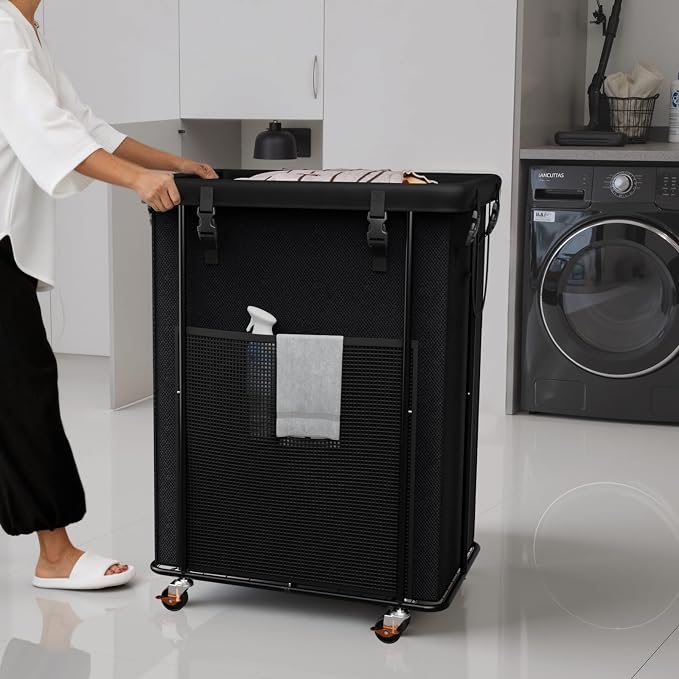 Laundry Hamper with Wheels and Lid, 200L Large Rolling Laundry Basket Black | Heavy Duty Clothes Organizer, Sturdy Metal Frame, Lockable Swivel Casters, Removable Bag, For Bedroom, Bathroom, Laundry Room