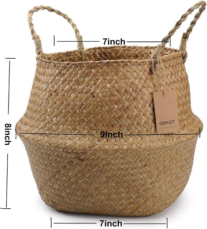 Large Woven Seagrass Belly Basket for Plant, Grocery, Picnic, 12" Diameter x 14" Height