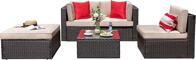 Vongrasig 5 Piece Patio Furniture Sets, All-Weather PE Rattan Wicker Outdoor Sectional Couch, Small Patio Conversation Set with Glass Table for Garden Pool, Beige